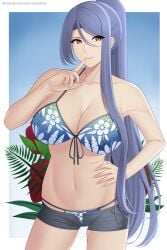 1girls amber_eyes armpits bikini blue_hair cleavage denim_shorts eiyuu_densetsu finger_on_lip floral_print huge_breasts jean_shorts laura_s._arseid muscular_female sen_no_kiseki short_shorts solo_female strong_woman swimsuit trails_of_cold_steel very_long_hair wide_hips