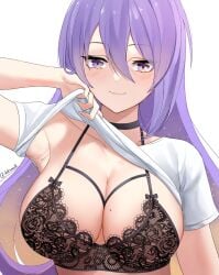 1girls armpits big_breasts black_bra black_lingerie bra collar dobure18 hololive hololive_indonesia hololive_indonesia_area_15 light-skinned_female light_skin lingerie long_hair mole mole_on_breast moona_hoshinova shirt_lift virtual_youtuber