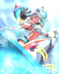 1girls big_breasts blue_eyes ico_(mega_man) mega_man mega_man_x_dive noburockman silver_hair skimpy_bikini surfboard swimsuit swimsuit_ico_(x_dive) underboob