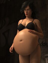 1girls 3d belly belly_bulge big_belly big_breasts black_hair bra breasts cleavage female hand_on_belly jt-sexylexi large_breasts men_in_black men_in_black_ii panties same_size_vore serleena_(men_in_black) vore