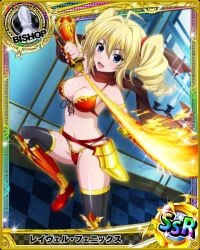 ahoge armor bare_shoulders bikini_armor blonde_hair blue_eyes book breasts card_(medium) drill_hair female flaming_sword flaming_weapon hair_between_eyes high_school_dxd holding holding_sword holding_weapon large_breasts looking_at_viewer navel pillow ravel_phenex smile solo sword twin_drills weapon