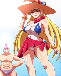 1boy 1girls abs android berkana big_breasts blonde_hair gareth_(mega_man) helmet long_hair mega_man mega_man_x muscular noburockman robot robot_girl speedo swimsuit tagme