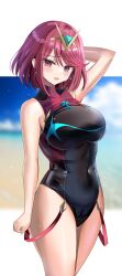 1girls 2022 absurd_res alternate_costume bangs beach breasts competition_swimsuit female female_only hanasaka_houcha highleg_swimsuit huge_breasts latex light-skinned_female light_skin nintendo official_alternate_costume one-piece_swimsuit outdoors pyra red_eyes red_hair short_hair swept_bangs swimsuit xenoblade_(series) xenoblade_chronicles_2