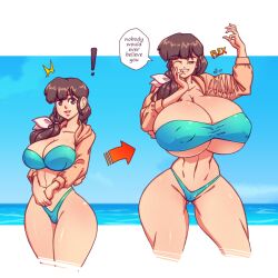 ! 1girls 2022 amazon before_and_after breast_expansion breasts cleavage color female female_only flexing_bicep gigantic_breasts growth growth_sequence huge_breasts kasumi_tendo large_breasts looking_at_viewer muscular_female n647 ranma_1/2 ripped_clothing solo speech_bubble straining_underwear swimsuit swimwear talking_to_viewer tall_female text thick_thighs wide_hips wink winking_at_viewer