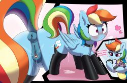 absurd_res animal_genitalia animal_pussy anus ass bodily_fluids clothing dialogue equid equine equine_pussy female feral friendship_is_magic genital_fluids genitals hair heart hi_res legwear mammal multicolored_hair my_little_pony pabbley pegasus pussy pussy_juice rainbow_dash_(mlp) rainbow_hair solo thigh_highs wings