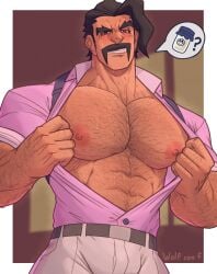 1boy bulge daddy flaccid hairy_chest male male_only mr._saguaro muscles muscular muscular_male open_shirt pokemon pokemon_sv presenting solo solo_male wolf_con_f