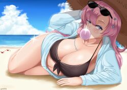 1girls beach belly_button big_breasts bikini_top breasts bubble_gum cleavage crab flower_in_hair hooded_jacket hoodie indie_virtual_youtuber jacket jacket_open laying_down laying_on_side looking_at_viewer lying_on_side lyrica_(vtuber) navel ocean open_jacket pink_hair sea seaside solo solo_female solo_focus straw_hat sunglasses sunglasses_on_head thick_thighs thighs virtual_youtuber warden_(artist) zipper_down