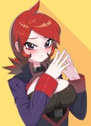 1girls 2022 big_breasts blush breasts cleavage drunkoak pokemon pokemon_gsc purple_eyes red_hair rule_63 silver_(pokemon) solo solo_female tagme