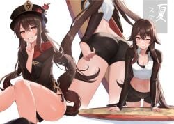 1girls ass ayul_(ayulneri_92) blush booty_shorts breasts brown_hair cleavage dat_ass female from_behind genshin_impact hat hu_tao_(genshin_impact) long_hair looking_at_viewer lower_body midriff navel red_eyes shorts smile thighs twintails wet wink