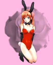 aged_up alternate_costume arms_behind_back black_gloves blue_eyes boots bun_cover bunny_ears bunny_girl bunny_tail bunnysuit double_bun elbow_gloves female female_only gintama gloves kagura_(gintama) kneeling long_hair looking_at_viewer miyako_(pixiv) neck_ribbon official_alternate_hairstyle orange_hair playboy_bunny red_leotard small_breasts solo twintails