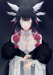 1girls absurdres bangs black_hair breasts censored closed_eyes closed_mouth coat columbina_(genshin_impact) eye_mask female fur-trimmed_coat fur_trim genshin_impact hair_ribbon head_wings highres kuyoumi long_hair medium_breasts mosaic_censoring multicolored_hair naked_coat navel open_clothes open_coat pussy red_hair ribbon smile solo solo_female thighs tress_ribbon two-tone_hair white_coat white_mask white_wings wings