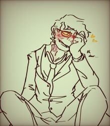 <3 1boy bite_mark blush clothed clothing dialogue english_text erection erection_under_clothes eyewear fully_clothed glasses hair heart human male male_only narrator_(the_stanley_parable) necktie short_hair simple_background sitting smile softcore solo spot_color the_stanley_parable