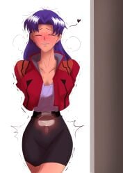 after_sex arms_behind_back blowmind3 blush blushing closed_eyes collarbone cum cum_in_pussy cum_in_uterus cum_inside cum_plugged female female_only fully_clothed hands_behind_back heart hourglass_figure long_hair misato_katsuragi neon_genesis_evangelion purple_hair smile solo standing trembling white_background x-ray