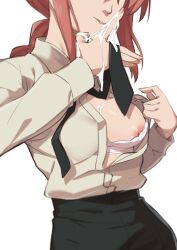 after_fellatio bra bra_pull braid breasts breasts_out chainsaw_man clothes_pull cum cum_in_mouth cum_on_body cum_on_breasts cum_on_hands head_out_of_frame highres makima_(chainsaw_man) morisobo necktie non-web_source polo_shirt underwear