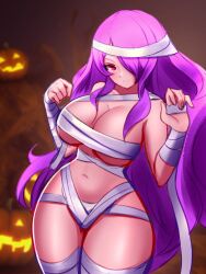 1girls alternate_costume big_breasts breasts camilla_(fire_emblem) female female_only fire_emblem fire_emblem_fates hair hair_over_one_eye halloween halloween_costume huge_breasts jaxartdump long_hair mature mature_female mummy mummy_costume nintendo nude nude_female purple_eyes purple_hair solo thick_thighs thighs