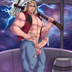 1boy abs all_draw blonde_hair chris_hemsworth erect_penis erection human human_only light-skinned_male light_skin male male_focus male_only marvel muscular muscular_male penis_out precum precum_drip stormbreaker thor:_love_and_thunder thor_(marvel) thor_(series) weapon