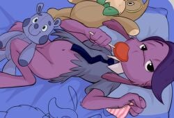 2022 bed collar dandi dr_seuss green_eggs_and_ham green_eggs_and_ham_(animated_series) hi_res lollipop looka looka_(green_eggs_and_ham) looka_ba-dooka lying lying_on_bed male male_only netflix non-human plushie purple_fur purple_hair seductive seductive_look thong tie tummy underwear