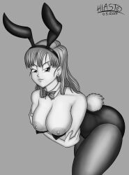 areolae asian asian_female bent_over big_ass big_breasts blue_eyes blue_hair bulma_(bunny) bulma_briefs bunny_ears bunny_girl bunny_tail bunnysuit dragon_ball hi_res hiastobasement_(artist) highres light-skinned_female light_skin looking_at_viewer monochrome nipples pantyhose teenager thick_thighs