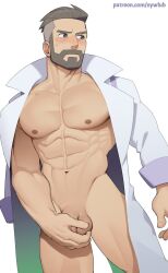 1boy abs bara beard blush bulwyn covering covering_crotch facial_hair highres labcoat large_pectorals male_focus muscular muscular_male naked_labcoat navel nipples nude nywlub_(bulwyn) open_clothes open_labcoat patreon_username pectorals penis pokemon pokemon_(game) pokemon_sv short_hair simple_background solo testicles turo_(pokemon) undercut white_background