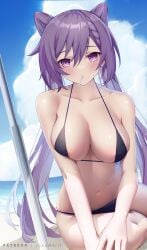 big_breasts bikini breasts embarrassed genshin_impact keqing_(genshin_impact) long_hair looking_at_viewer purple_hair red_eyes rosumerii simple_background thick_thighs thighs white_body white_skin