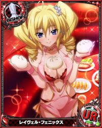 blonde_female blonde_hair blue_eyes bra breasts card_(medium) cleavage drill_hair dumpling female female_focus food food_on_breasts hair_ribbon high_school_dxd holding holding_food large_breasts long_hair looking_at_viewer panties ravel_phenex red_bra red_panties revealing_clothes ribbon standing twin_drills underwear