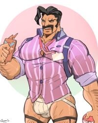 black_hair body_hair bottomless bottomless_male bulge clothed daddy dilf facial_hair hairy jockstrap male male_focus male_only moustache mr._saguaro muscles muscular muscular_male npc_trainer pokeball pokemon pokemon_sv posing quietscrappy rotom_phone sock_garters thick_thighs underwear