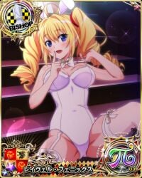 animal_ears blonde_hair blue_eyes bow breasts card_(medium) carrot cleavage covered_navel drill_hair fake_animal_ears female female_focus hair_ribbon high_school_dxd holding holding_carrot large_breasts leotard long_hair looking_at_viewer playboy_bunny rabbit_ears ravel_phenex ribbon sitting twin_drills white_leotard