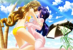 2girls adagio_dazzle beach bikini blue_eyes blush curly_hair equestria_girls friendship_is_magic humanized large_breasts long_hair mauroz my_little_pony orange_hair purple_hair rarity_(mlp) seaside smooth_skin surprise_kiss surprised yuri