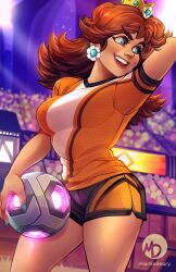 1girls arms_up big_breasts blue_eyes brown_hair female female_only light-skinned_female mario_(series) mario_strikers momodeary nintendo princess_daisy soccer soccer_ball soccer_uniform solo thick_thighs