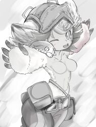 animal_ears anthro barbie_doll_anatomy female female_only fluffy fluffy_ears fur greyscale hat headgear headwear humanoid looking_at_viewer made_in_abyss medium_breasts meinya monochrome narehate open_mouth prushka short_hair smile solo topless topless_female wink