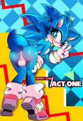 1boy anus balls blush exposed_torso footwear handwear humanoid male male_only one_eye_closed solo sonic_(series) sonic_the_hedgehog sonic_the_hedgehog_(series) tongue tongue_out white_crest