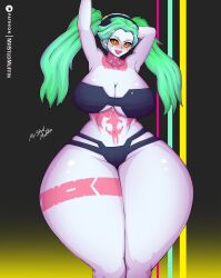 alternate_breast_size armpits bikini breasts cyberpunk:_edgerunners female green_eyes green_hair hips large_breasts looking_at_viewer mrstudmuffin rebecca_(edgerunners) thick_thighs twintails wide_hips