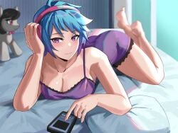 1girls ass blue_hair breasts cleavage equestria_girls female female_only friendship_is_magic hasbro headphones human humanized iojknmiojknm large_breasts looking_at_viewer lying_on_bed lying_on_stomach my_little_pony nightie plushie purple_eyes solo solo_female stuffed_animal vinyl_scratch_(mlp)