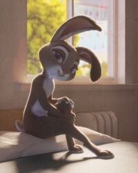 1girls 3d anthro disney female female_only fever-dreamer flat_chest fur furry furry_only hi_res judy_hopps nude purple_eyes rabbit sitting solo tail zootopia