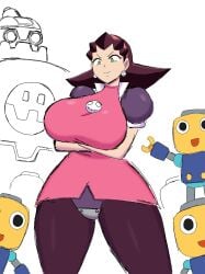 1girls arms_under_breasts brown_hair clothed green_eyes huge_breasts mega_man mega_man_legends mega_man_x_dive momiji_(artist) servbot tron_bonne