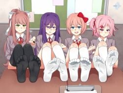 2022 4girls 5_fingers 5_toes anime black_socks blue_eyes blush bow classroom cute desk doki_doki_literature_club feet feet_on_desk female female_only foot_fetish foot_focus green_eyes hair hair_ornament indoors inside long_hair lululewd monika_(doki_doki_literature_club) multiple_girls natsuki_(doki_doki_literature_club) pen pink_eyes pink_hair pout purple_eyes purple_hair ribbon sayori_(doki_doki_literature_club) school school_uniform short_hair smile smiling sock_fetish socks stockings thighhighs uniform video_game_character white_socks yuri_(doki_doki_literature_club)