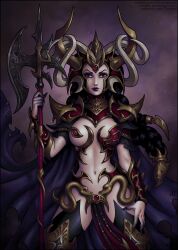 1girls 2d 2d_(artwork) candra dark_elf druchii elf female female_focus female_only functionally_nude functionally_nude_female morathi solo solo_female warhammer_(franchise) warhammer_fantasy