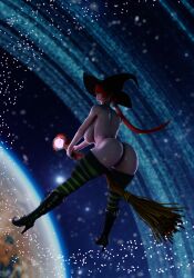 3d 3d_(artwork) 3dx ass big_ass boots broom curvy female_focus female_only flying functionally_nude hourglass_figure king_of_fighters naked nude particles planet shermie_(kof) space stars stockings thighhighs witch witch_hat