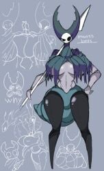 anthro arthropod arthropod_abdomen barely_clothed big_breasts breast_curtains breasts female hollow_knight jynaisya mantis_lord osakana2gou protagonist_(hollow_knight) smaller_male spear tagme thick_thighs