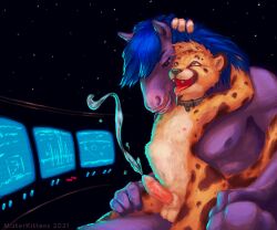 2021 6:5 anal anal_orgasm anal_sex animal_genitalia anthro balls blue_hair bodily_fluids carbinecat_(character) cheetah cockpit collar cum cum_while_penetrated cumshot drooling duo ejaculation equid equine erection felid feline genital_fluids genitals grin hair hands-free happy horse male male/male mammal misterkittens monitor on_lap orgasm penetration penile_spines penis saliva sex sitting sitting_on_lap smile softailfox space stomach_bulge