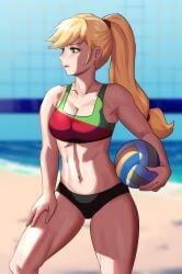 1girls abs applejack_(eg) applejack_(mlp) beach beach_volleyball bikini blonde_female blonde_hair breasts cleavage equestria_girls female female_only fit_female friendship_is_magic green_eyes hasbro human humanized iojknmiojknm large_breasts my_little_pony navel ponytail seaside smooth_skin solo solo_female thighs volleyball