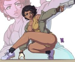 ass big_breasts casual cleavage clothed clothing dark-skinned_female dark_skin deathloop female fingerless_gloves firearm footwear frostyvector gun handgun handwear holding_weapon human julianna_blake melanin outerwear solo squatting thighs weapon