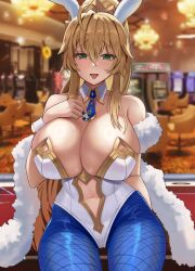 1girls 2022 ahoge artoria_pendragon artoria_pendragon_(lancer) artoria_pendragon_(swimsuit_ruler) blonde_female blonde_hair breasts bunny_ears bunny_girl bunnysuit cleavage fate/grand_order fate_(series) female female_only green_eyes hi_res highleg_leotard hips huge_breasts indoors leotard long_hair looking_at_viewer onedoo slim_waist smile thick_thighs thighs tights white_leotard wide_hips