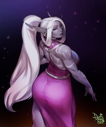 annarae_(unluckyacorn) ass big_ass big_thighs clothed clothing color colored deathmask dress elf elf_ears female looking_at_viewer looking_back nightborne pointy_ears ponytail purple_dress purple_skin sfw solo solo_female solo_focus thighs warcraft white_hair world_of_warcraft wow