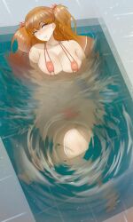 1girls asuka_langley_sohryu auburn_hair bath bathing bathtub bikini blue_eyes blush huge_breasts large_breasts long_hair lying_on_back neon_genesis_evangelion sling_bikini swimsuit voidmakerz voluptuous water