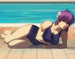 1girls ayane_(doa) big_breasts dead_or_alive flower_in_hair hazel_eyes huge_breasts lying_on_side one-piece_swimsuit poolside purple_hair triplexmile voluptuous