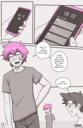 2boys bandaid comic comic_page dross english_text jacob_(dross) male male_only monochrome page_3 page_number phone pink_hair shirt skater_boi_(dross) tagme taylor_(dross) text twink twitter