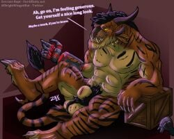 2022 4_ears 4_horns 5_fingers 5_toes abs abstract_background amputee animal_genitalia anthro arm_support armor ball_tuft balls biceps big_balls big_feet big_sheath big_teeth black_hair black_stripes charr claws crate dialogue digital_drawing_(artwork) digital_media_(artwork) digitigrade disability english_text fangs feet felid fingers fur genitals glowing glowing_eyes grin guild_wars hair half-closed_eyes headgear heel_claw helmet horn leaning_on_elbow leaning_on_object light lighting lips looking_at_viewer male mammal marcus_furyclash multi_ear multi_horn multicolored_body multicolored_fur muscular muscular_anthro muscular_male muscular_thighs narrowed_eyes nude orange_body orange_fur pawpads pecs prosthetic prosthetic_hand pubes raised_leg shaded sheath signature sitting smile smug solo spiky_hair striped_body striped_fur stripes tail_tuft technology text tiger_stripes toe_claws toes tuft url video_games whiskers yellow_eyes zevrant_bapt_(artist)