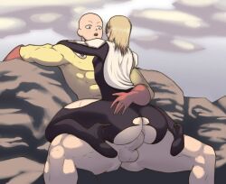 2boys anal anal_sex ass ass_focus background bald blonde_hair blush cape clothed clothed_sex clothing cock costume edit edited femboy flashy_flash heels high_heels human male/male male_on_femboy male_only male_penetrating_male manako_(one-punch_man) muscles muscular muscular_male on_lap one-punch_man penetration penis ripped_bodysuit ripped_clothing ripped_pants rock saitama superhero thick_ass thick_legs thick_thighs twink yaoi