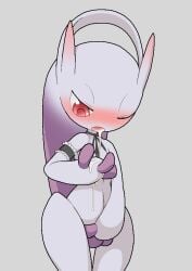 anthro blush bodily_fluids cum cum_in_mouth cum_inside female genital_fluids grey_background legendary_pokémon masturbation mega_evolution mega_mewtwo mega_mewtwo_y mewtwo nintendo one_eye_closed open_mouth pokemon pokemon_(species) red_eyes simple_background solo tosx video_games